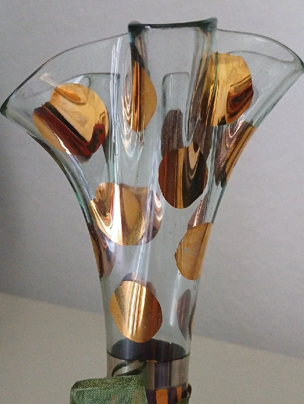 MackenzieChilds Handblown Ruffled Glass Vase with Gold Dot Accents and Green Bow